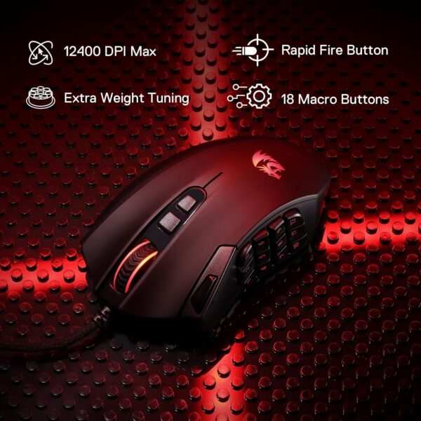 Redragon M921 MMO Gaming Mouse, 12400 DPI High Precision Wired RGB Mice w/18 Programmable Buttons, 12 Side Macro Keys, Software Supports for PC Laptop - Image 2