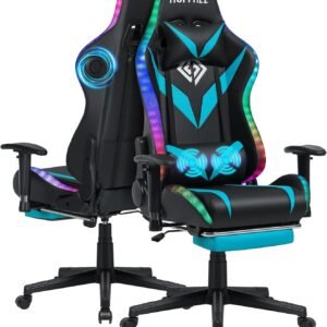 HOFFREE Gaming Chair with Bluetooth Speakers and LED Lights, Gaming Chair with Reclining Footrest, High Back Computer Gaming Chair - Blue and Black