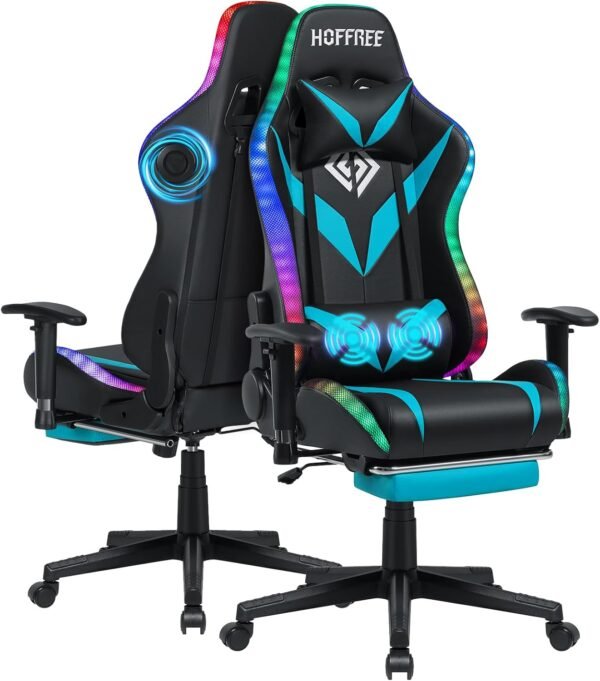 HOFFREE Gaming Chair with Bluetooth Speakers and LED Lights, Gaming Chair with Reclining Footrest, High Back Computer Gaming Chair - Blue and Black
