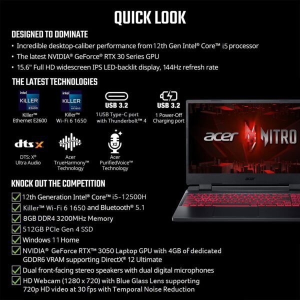 Acer Nitro 5 Gaming Laptop, Intel Core i5-12500H, NVIDIA GeForce RTX 3050, GPU, 15.6" FHD 144Hz IPS Display, 8GB DDR4, 512GB PCIe, SSD, American English Backlit Keyboard - Image 6