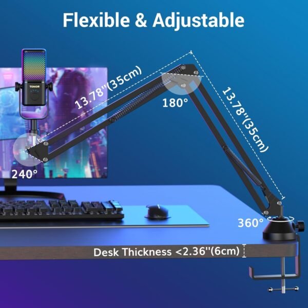 TONOR TCX3+ Gaming Mic Compatible with Xbox, RGB Streaming Microphone with Boom Arm 30H Battery Life,Low Noise, Monitoring, Gain Control,One Tap Mute, Fast Charging,Compatible with Capture Card,Black - Image 8