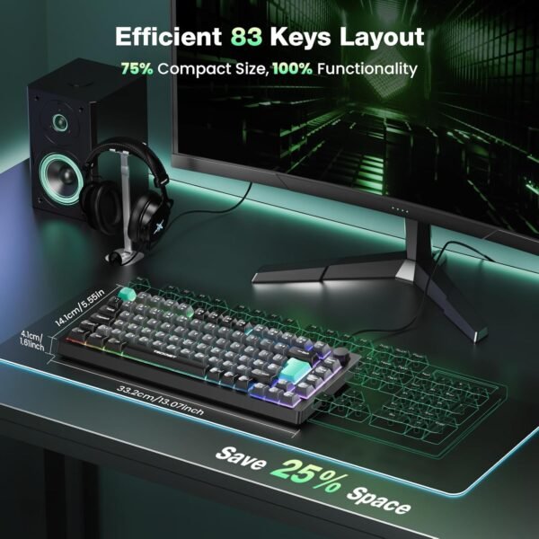 TECKNET RGB Gaming Keyboard,Compact 83 Keys Wired Keyboard with Volumn Knob,75% Pecent RGB Backlit Keyboards with 26 Keys Anti-Ghosting,IP32 Water & Dust Resistant,Silent Coumputer Keyboards for Gamer - Image 4