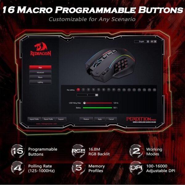 Redragon M901PKS Wireless Gaming Mouse,16000 DPI, RGB Backlit,16 Programmable Buttons,70Hrs Rechargeable MMO Mouse with 12 Side Buttons For PC Laptop MOBA FPS - Image 3