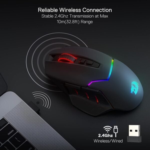 Redragon M690 PRO Wireless Gaming Mouse, 8000 DPI Wired/Wireless Gamer Mouse w/Rapid Fire Key, 8 Macro Buttons, Ergonomic Design for PC/Mac/Laptop, Black - Image 4