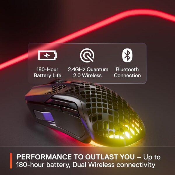 SteelSeries Aerox 5 Wireless - Holey RGB Gaming Mouse - Ultra-lightweight Water Resistant Design - 9 Buttons - Lag-free 2.4GHz / Bluetooth Wireless - 18K DPI TrueMove Air Optical Sensor - Image 6