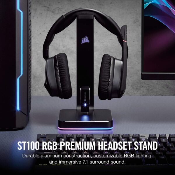 Corsair ST100 RGB Premium Headphones/Headset Stand (Durable Aluminium Construction, Dynamic 9 Zone RGB Lighting, Built-In 3.5 mm Analog Input with Virtual 7.1 Surround, Dual USB, Black - Image 2