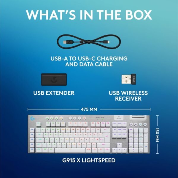 Logitech G G915 X LIGHTSPEED Low-Profile Wireless Gaming Keyboard, Double-Shot PBT Keycaps, Fully Programmable Keys, RGB Backlighting, GL Brown Tactile Switches - PC/Mac, QWERTY UK English - White - Image 9