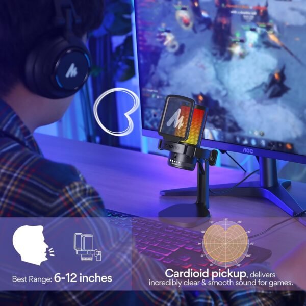 MAONO USB Microphone for PC, RGB Gaming Mic with Mute Button, Noise Cancellation Condenser Microphone with Gain knob for Streaming, Podcast, Recording, Chat, Compatible with PS5/PS4/Mac, DGM20 - Image 6