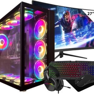 Computek Gaming PC - 27" 165Hz Curved Gaming Monitor Bundle - Intel Core i9 11900F - Nvidia RTX 4060 8GB Graphics - 32GB RAM - 1TB NVMe SSD - 600w 80+ PSU - Win 11 - WiFi - 10 Fan Black RGB Case.