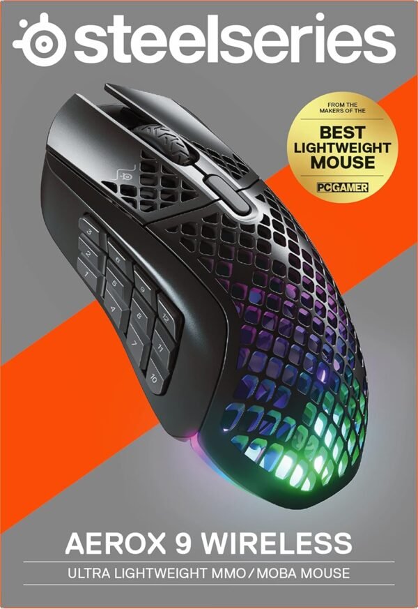 SteelSeries Aerox 9 Wireless - Holey RGB Gaming Mouse - Ultra-lightweight Water Resistant Design - 18 Programmable Buttons - Lag-free 2.4GHz / Bluetooth Wireless - 18K DPI TrueMove Air Optical Sensor - Image 17