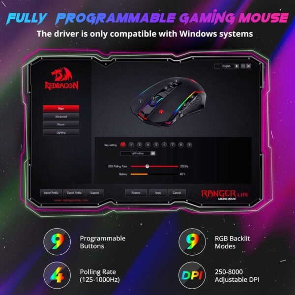 Redragon Gaming Mouse, Wireless Gaming Mouse with 9 Programmable Buttons, RGB Backlit, Rechargeable Wireless Mouse UP to 8000 DPI, Macro Edit, 70Hrs for Laptop, PC, Mac Gamer, Black M910-KS - Image 3