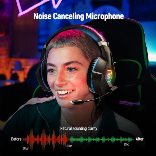 Gaming Headset Stereo Surround Sound Gaming Headphones with Breathing RGB Light & Adjustable Mic for PS4 PS5 PC Xbox One Laptop Mac - Image 4