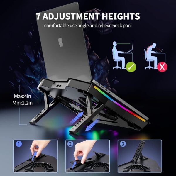 TECKNET RGB Laptop Cooler,LED Display,7-Height Levels,10 Lighting Modes,Gaming Laptop Cooling Pad,6-Speed Fan Control,Laptop Cooling Stand,2 USB Ports,for 9''-17'' Notebooks (Black) - Image 3