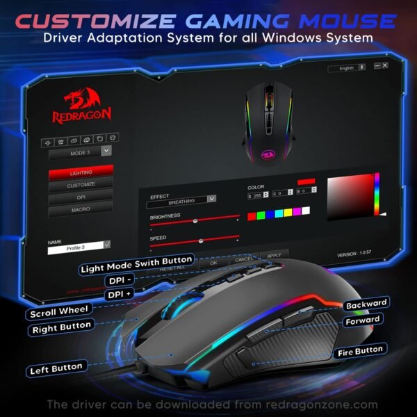 Redragon Gaming Mouse, RGB Gaming Mouse Wired with 9 Programmable Macro Buttons, Chroma RGB Backlit, 8000 DPI Adjustable, PC Gaming Mice with Fire Button for Windows/Mac, Black, M910-K - Image 2