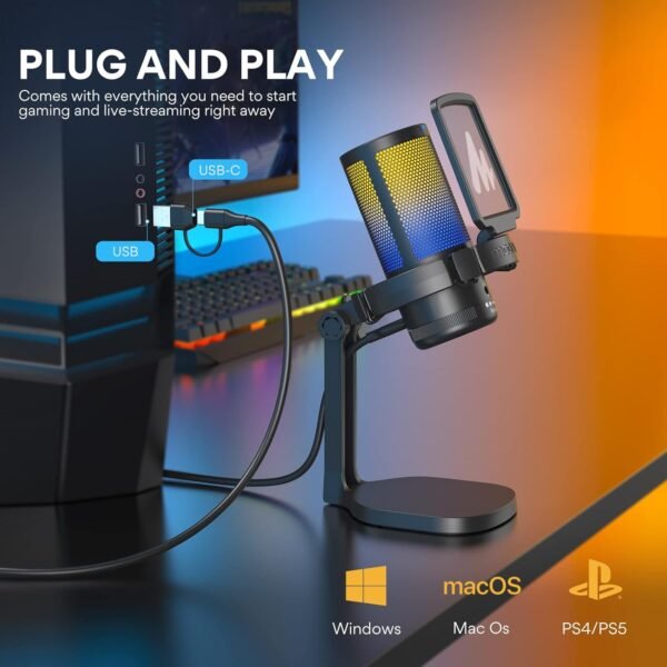 MAONO USB Microphone for PC, RGB Gaming Mic with Mute Button, Noise Cancellation Condenser Microphone with Gain knob for Streaming, Podcast, Recording, Chat, Compatible with PS5/PS4/Mac, DGM20 - Image 14