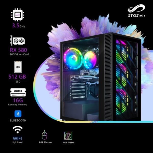 STGsivir Gaming PC Bundle, Gaming Computer Desktop, AMD 3000G 3.5GHz, RX 580 16GB, 16GB RAM, 512GB SSD, 600M WiFi, BT 5.0, Windows 11, 24" Monitor - Image 2