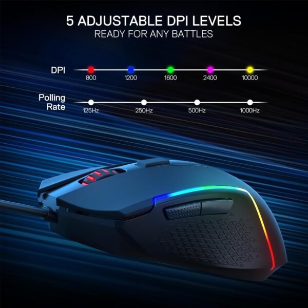 Redragon M616 RGB Gaming Mouse, 10000 DPI Wired Optical Gamer Mouse with 6 Programmable Buttons & 8 Backlit Modes, Software Supports DIY Keybinds - Image 3
