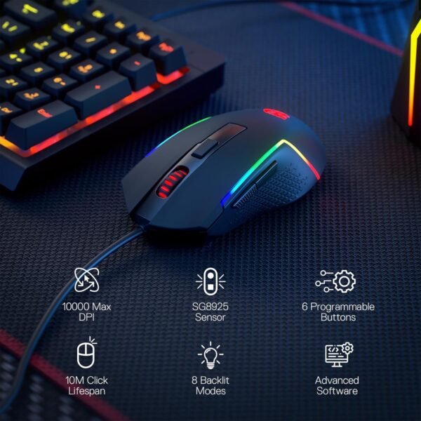 Redragon M616 RGB Gaming Mouse, 10000 DPI Wired Optical Gamer Mouse with 6 Programmable Buttons & 8 Backlit Modes, Software Supports DIY Keybinds - Image 2