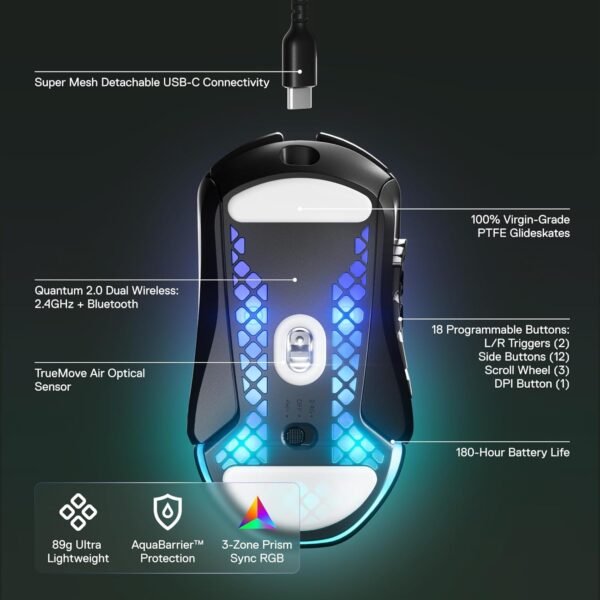 SteelSeries Aerox 9 Wireless - Holey RGB Gaming Mouse - Ultra-lightweight Water Resistant Design - 18 Programmable Buttons - Lag-free 2.4GHz / Bluetooth Wireless - 18K DPI TrueMove Air Optical Sensor - Image 4