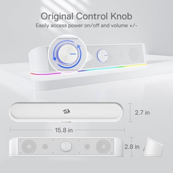 Redragon GS560 RGB Desktop Soundbar, 2.0 Channel Computer Speaker with Dynamic Lighting Bar Audio-Light Sync/Display, Touch-Control Backlit with Volume Knob, USB Powered w/ 3.5mm Cable, White - Image 6