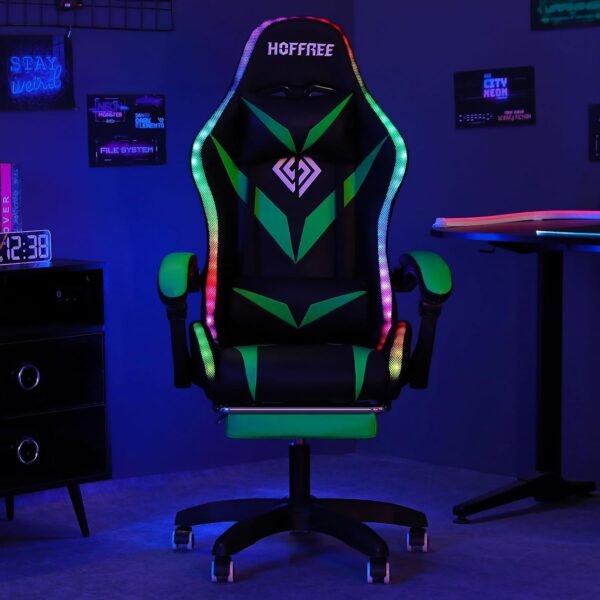 HOFFREE Gaming Chair with Bluetooth Speakers and Led Lights Massage Computer Gamer Chair with Footrest Ergonomic Video Game Chair for Adults Green and Black - Image 4