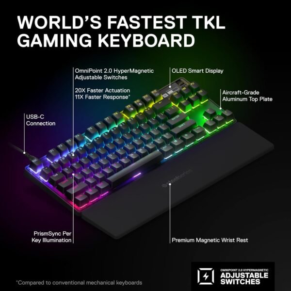 SteelSeries Apex Pro TKL - HyperMagnetic Gaming Keyboard - Adjustable Actuation - Esports Tenkeyless - OLED Screen - PBT Keycaps - USB-C - 2023 Edition - English QWERTY Layout - TKL - Image 3