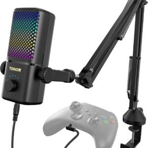 TONOR TCX3+ Gaming Mic Compatible with Xbox, RGB Streaming Microphone with Boom Arm 30H Battery Life,Low Noise, Monitoring, Gain Control,One Tap Mute, Fast Charging,Compatible with Capture Card,Black