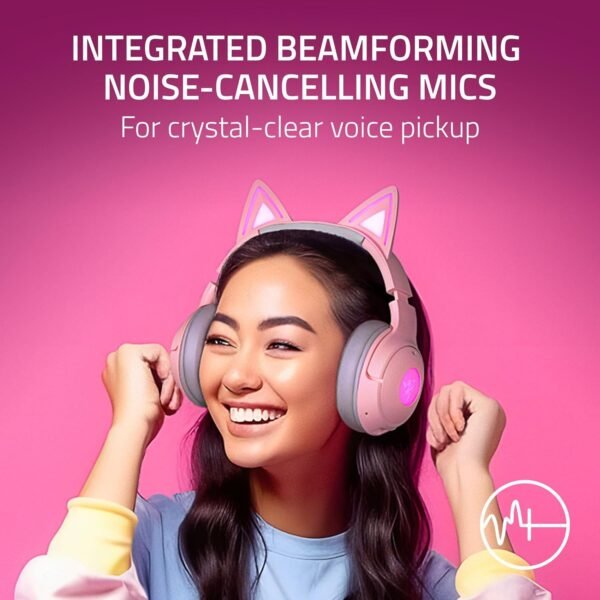 Razer Kraken Kitty V2 BT - Wireless Bluetooth RGB Headset with Kitty Ears (Bluetooth 5.2, TriForce 40 mm Drivers, Integrated Beamforming Noise-cancelling Mics, Up to 40 Hrs Battery Life) Quartz Pink - Image 5