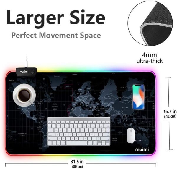 Extended RGB Gaming Mouse Mat 800x400x4mm, 17 Lighting Mode XL Extra Large Mouse Pad for gamer, Non-Slip Rubber Base and Waterproof, Keyboard Mousepad for Gaming, PC, MacBook, Laptop, Desk - World Map - Image 9