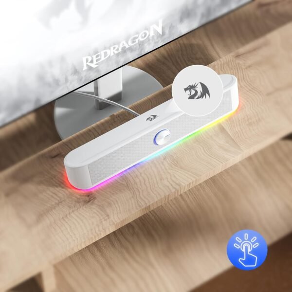 Redragon GS560 RGB Desktop Soundbar, 2.0 Channel Computer Speaker with Dynamic Lighting Bar Audio-Light Sync/Display, Touch-Control Backlit with Volume Knob, USB Powered w/ 3.5mm Cable, White - Image 9