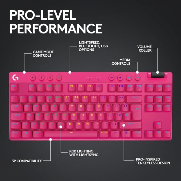 Logitech G PRO X TKL LIGHTSPEED Wireless Gaming Keyboard, Ultra Portable Tenkeyless Design, LIGHTSYNC RGB, Tactile Switches (GX Brown), QWERTY UK English Layout, Magenta - Image 6