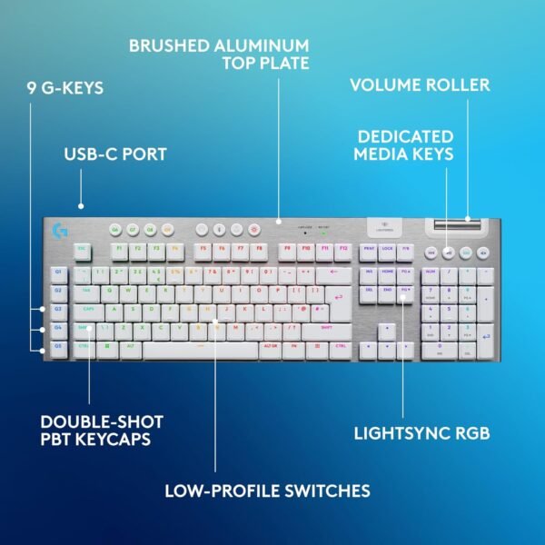 Logitech G G915 X LIGHTSPEED Low-Profile Wireless Gaming Keyboard, Double-Shot PBT Keycaps, Fully Programmable Keys, RGB Backlighting, GL Brown Tactile Switches - PC/Mac, QWERTY UK English - White - Image 6