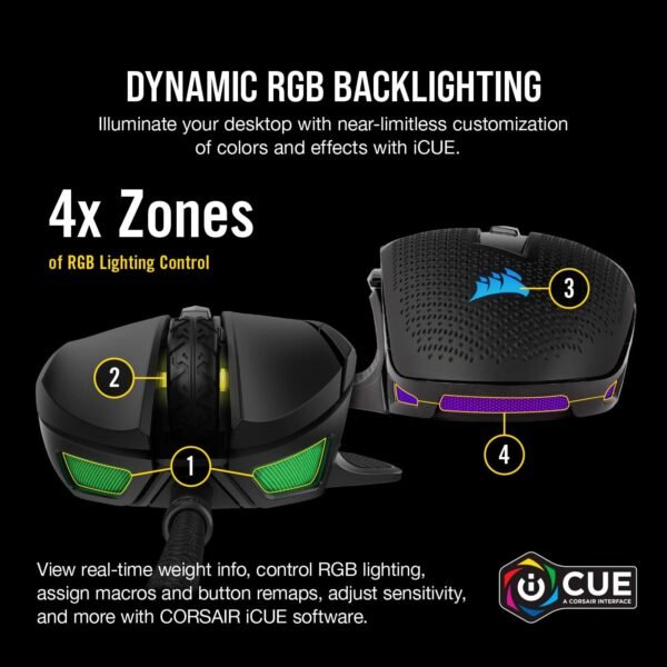 CORSAIR NIGHTSWORD RGB Wired Tunable FPS/MOBA Gaming Mouse – 18,000 DPI – 10 Programmable Buttons – Weight System – iCUE Compatible – PC, Mac, PS5, PS4, Xbox – Black - Image 8