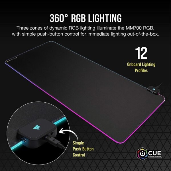 Corsair MM700 RGB Extended Cloth Gaming Mouse Pad - 36.6" x 15.8" - 360° RGB Lighting - Two USB Port Hub - Thick Rubber - Black (Renewed) - Image 3