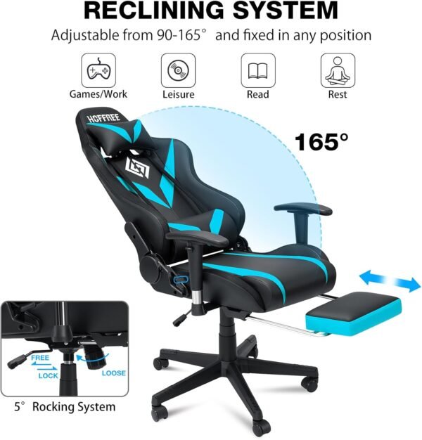 HOFFREE Gaming Chair with Bluetooth Speakers and LED Lights, Gaming Chair with Reclining Footrest, High Back Computer Gaming Chair - Blue and Black - Image 9