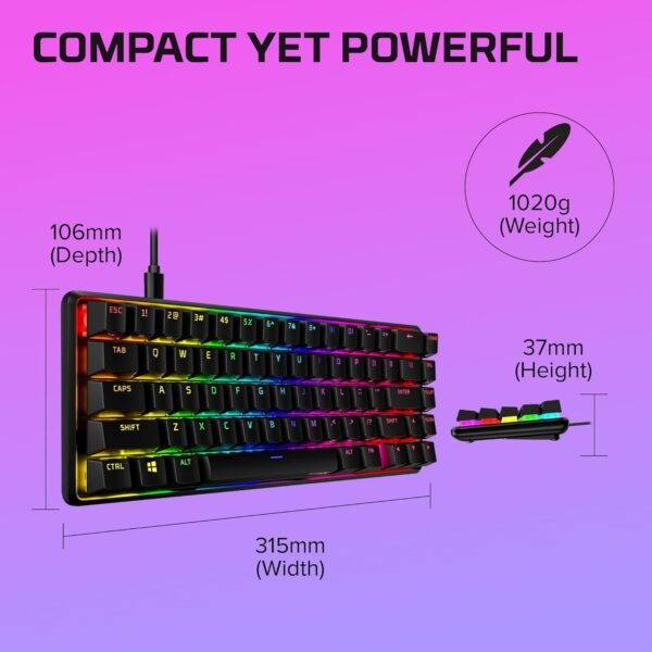 HYPERX 4P5D6AA Alloy Origins 65-Mechanical Gaming Keyboard-Ultra Compact 65% Form Factor – Red Switch (Linear)-Double shot PBT keycaps-RGB LED Backlit - Side Printed Secondary Functions,Black - Image 11