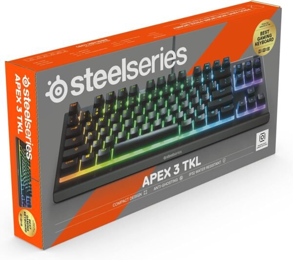 SteelSeries Apex 3 TKL - RGB Gaming Keyboard - Tenkeyless Compact Esports Form Factor - 8-Zone RGB Illumination - IP32 Water & Dust Resistant - English QWERTY Layout , Black - Image 13
