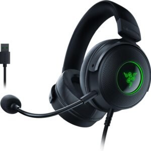 Razer Kraken V3 Wired USB Gaming Headset: Triforce Titanium 50mm Drivers - THX Spatial Audio - Chroma RGB Lighting - Hybrid Fabric & Leatherette Memory Foam Cushions - Detachable HyperClear Mic