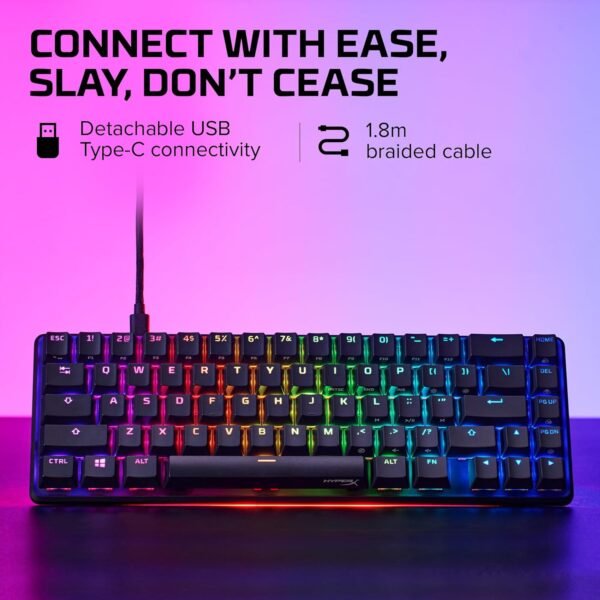HYPERX 4P5D6AA Alloy Origins 65-Mechanical Gaming Keyboard-Ultra Compact 65% Form Factor – Red Switch (Linear)-Double shot PBT keycaps-RGB LED Backlit - Side Printed Secondary Functions,Black - Image 2