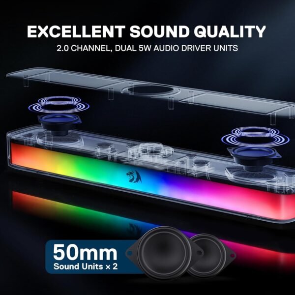 Redragon GS515 RGB Desktop Soundbar, 2.0 Channel Stereo Computer Speakers for Desktop with BT 5.3, USB-C/USB Powered, Black - Image 2