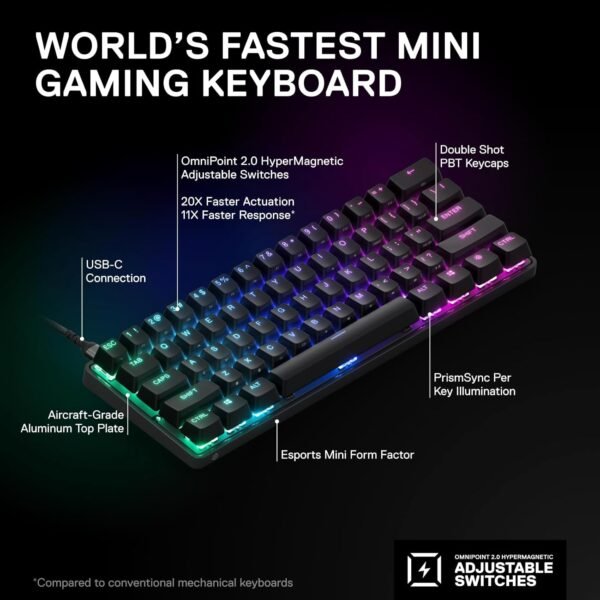 SteelSeries Apex Pro Mini - HyperMagnetic Gaming Keyboard - World’s Fastest Keyboard - Adjustable Actuation - Compact 60% Form Factor - RGB – PBT Keycaps - USB-C​ - English QWERTY Layout - 60% - Image 3