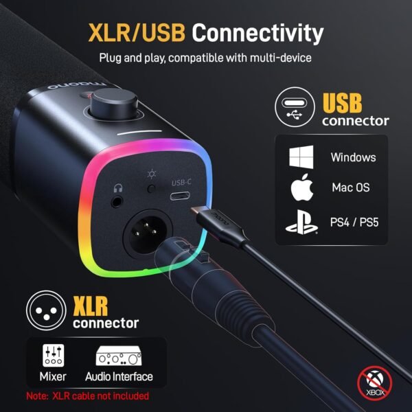MAONO Dynamic Gaming Microphone: USB/XLR Streaming Microphone with Software-RGB PC Mic for Podcast, Recording, PS4/PS5, Audio Mixer, Studio YouTube Content Creation Online Chat PD100X - Image 7