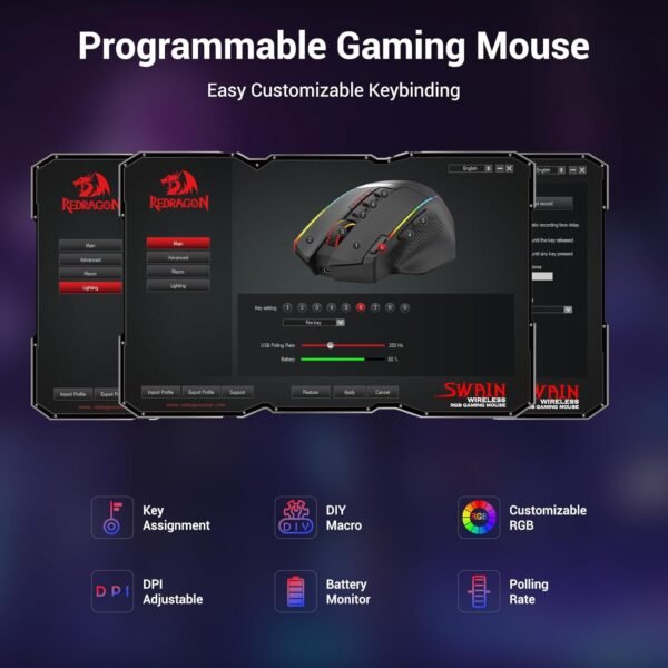 Redragon Wireless Gaming Mouse,16000 DPI 2.4G Optical Wireless Mouse,9 Macro Buttons with Rapid Fire Key,RGB Backlit,170 Hour Durable Power Capacity, Ergonomic Gaming Mouse for PC/Mac/Laptop - Image 5