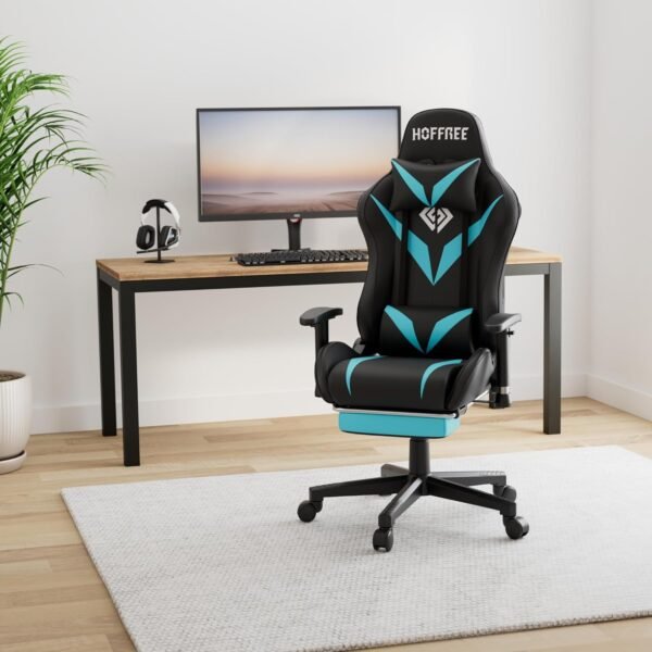 HOFFREE Gaming Chair with Bluetooth Speakers and LED Lights, Gaming Chair with Reclining Footrest, High Back Computer Gaming Chair - Blue and Black - Image 2