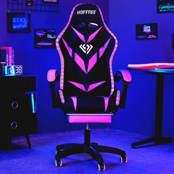 HOFFREE Gaming Chair Massage with Bluetooth Speakers and Led Lights Ergonomic Computer Gaming Chair with Footrest RGB Video Game Chair with High Back Lumbar Support Purple and Black - Image 4