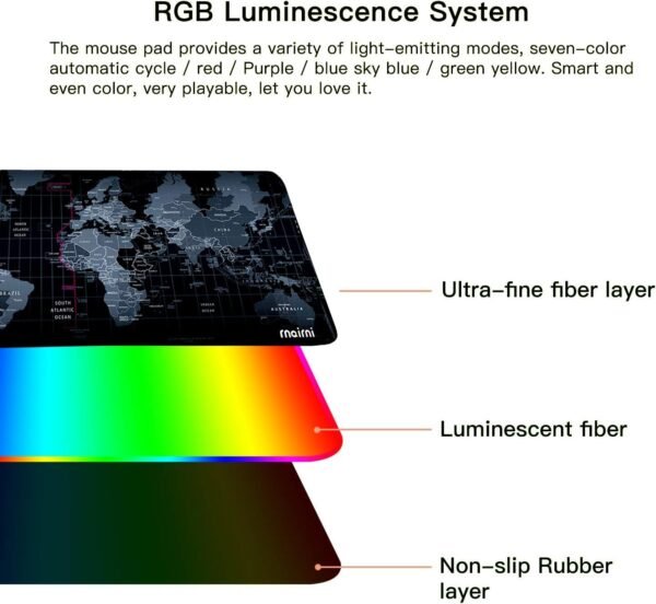 Extended RGB Gaming Mouse Mat 800x400x4mm, 17 Lighting Mode XL Extra Large Mouse Pad for gamer, Non-Slip Rubber Base and Waterproof, Keyboard Mousepad for Gaming, PC, MacBook, Laptop, Desk - World Map - Image 2