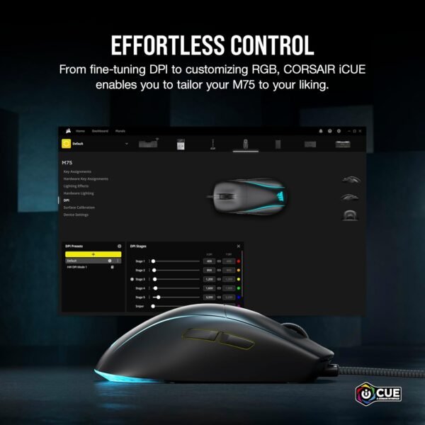 Corsair M75 Wired RGB Lightweight FPS Gaming Mouse – 26,000 DPI – Swappable Side Buttons – PC – Black - Image 7