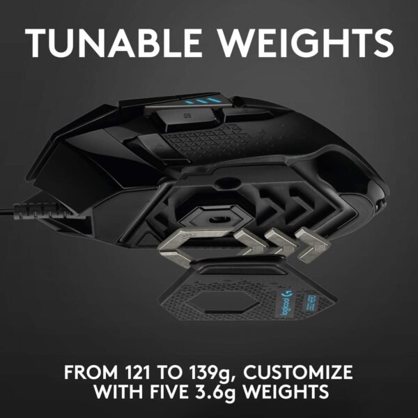 Logitech G G502 HERO High Performance Wired Gaming Mouse, HERO 25K Sensor, 25,600 DPI, RGB, Adjustable Weights, 11 Programmable Buttons, On-Board Memory, PC/Mac - Black - Image 3