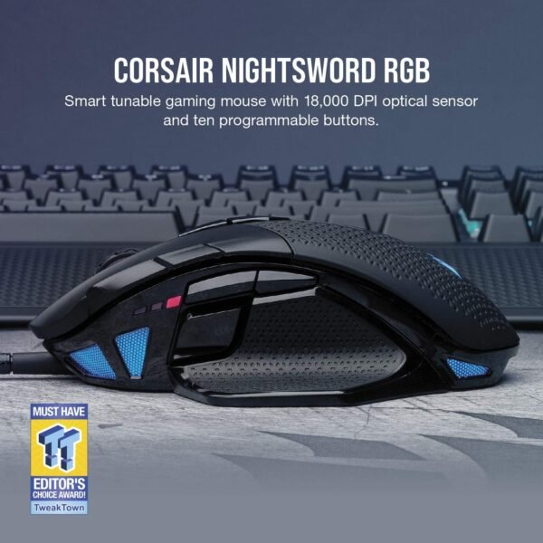 CORSAIR NIGHTSWORD RGB Wired Tunable FPS/MOBA Gaming Mouse – 18,000 DPI – 10 Programmable Buttons – Weight System – iCUE Compatible – PC, Mac, PS5, PS4, Xbox – Black - Image 3