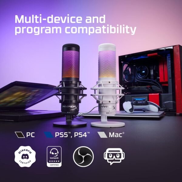 HyperX QuadCast S – RGB USB Condenser Microphone for PC PS5 Mac Anti-Vibration Shock Mount 4 Polar Patterns Pop Filter Gaming, Streaming, Podcasts, Twitch, YouTube, Discord – White (Renewed) - Image 7